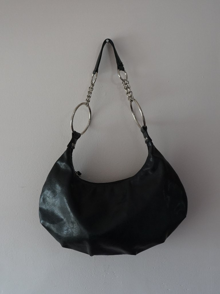 Faux Leather Crescent Shoulder Bag Black With Silver Hardware Detail